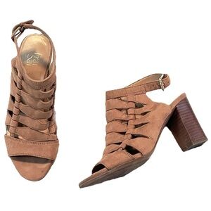 Franco Sarto Grady Faux Suede Stacked Heels Sandals Camel Tan Size 6 Open Toe